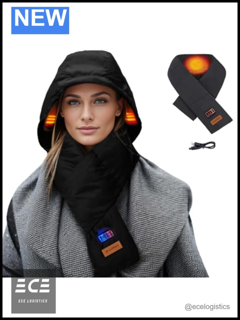 Heated Scarf with Hidden Hood Dual Heating Zones 5000mAh Rechargeable Battery